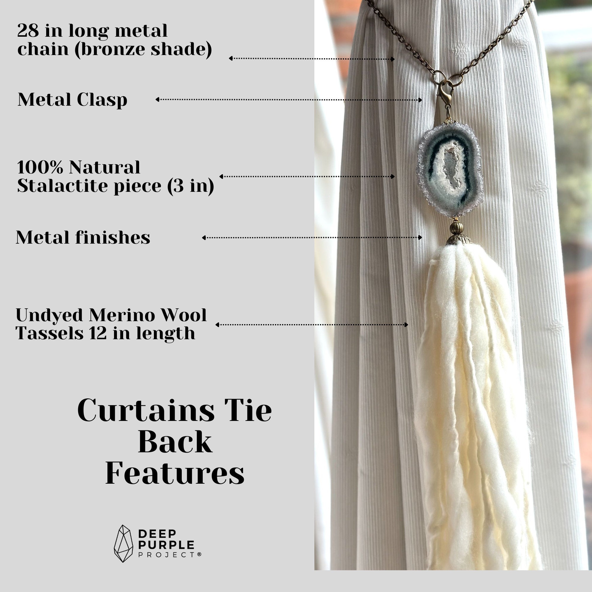 Curtains Tie Back with Amethyst Crystal and Merino Wool Tassels, Stalactite Stone Home Decor, window curtains holder with metal chains | Curtains Holder | Wiccan Center