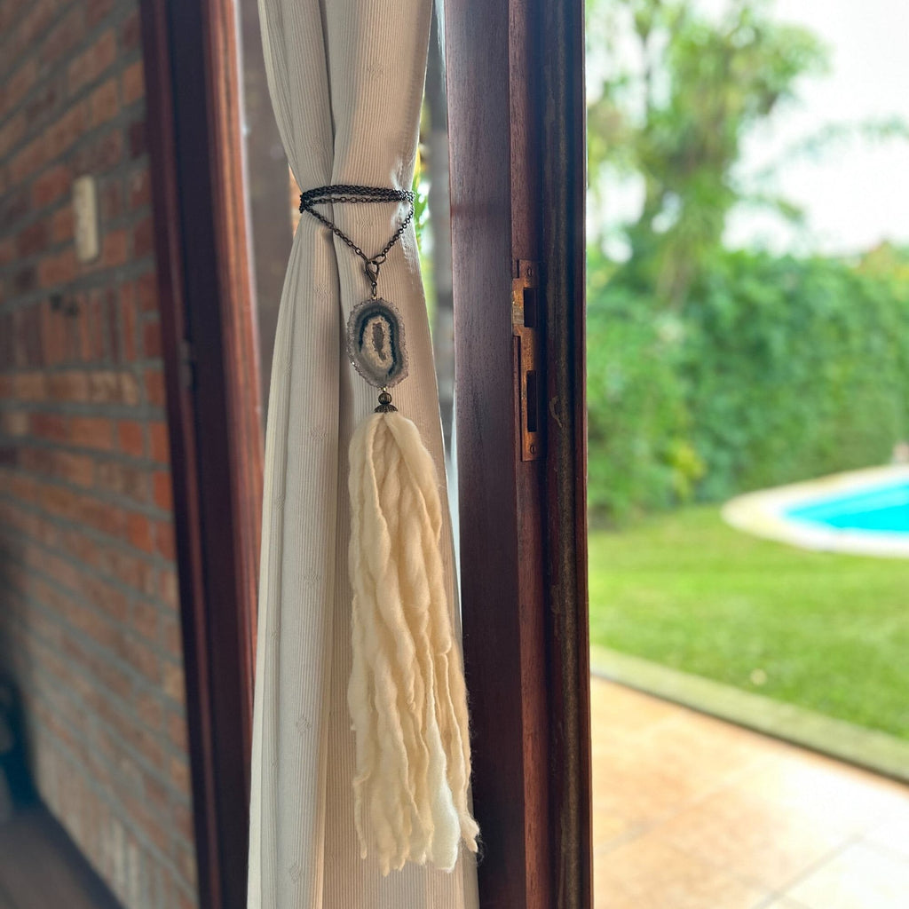 Curtains Tie Back with Amethyst Crystal and Merino Wool Tassels, Stalactite Stone Home Decor, window curtains holder with metal chains | Curtains Holder | Wiccan Center