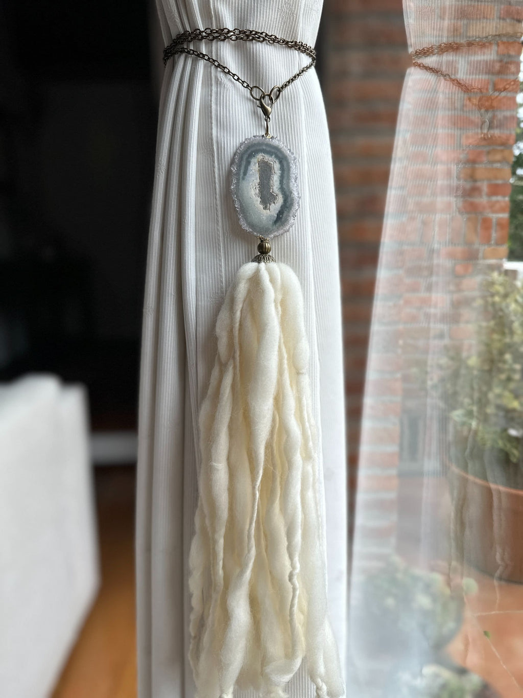 Curtains Tie Back with Amethyst Crystal and Merino Wool Tassels, Stalactite Stone Home Decor, window curtains holder with metal chains | Curtains Holder | Wiccan Center