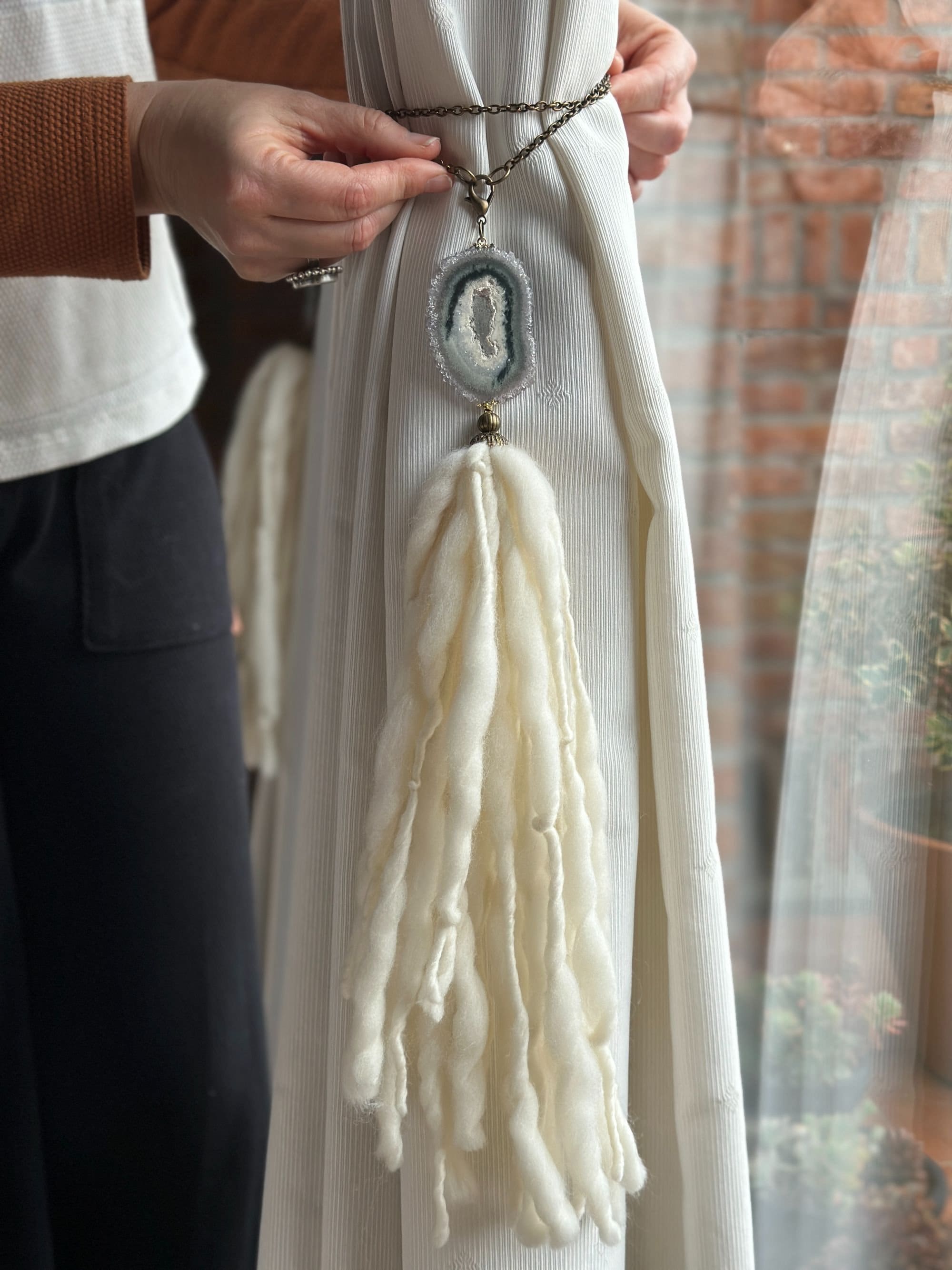 Curtains Tie Back with Amethyst Crystal and Merino Wool Tassels, Stalactite Stone Home Decor, window curtains holder with metal chains | Curtains Holder | Wiccan Center