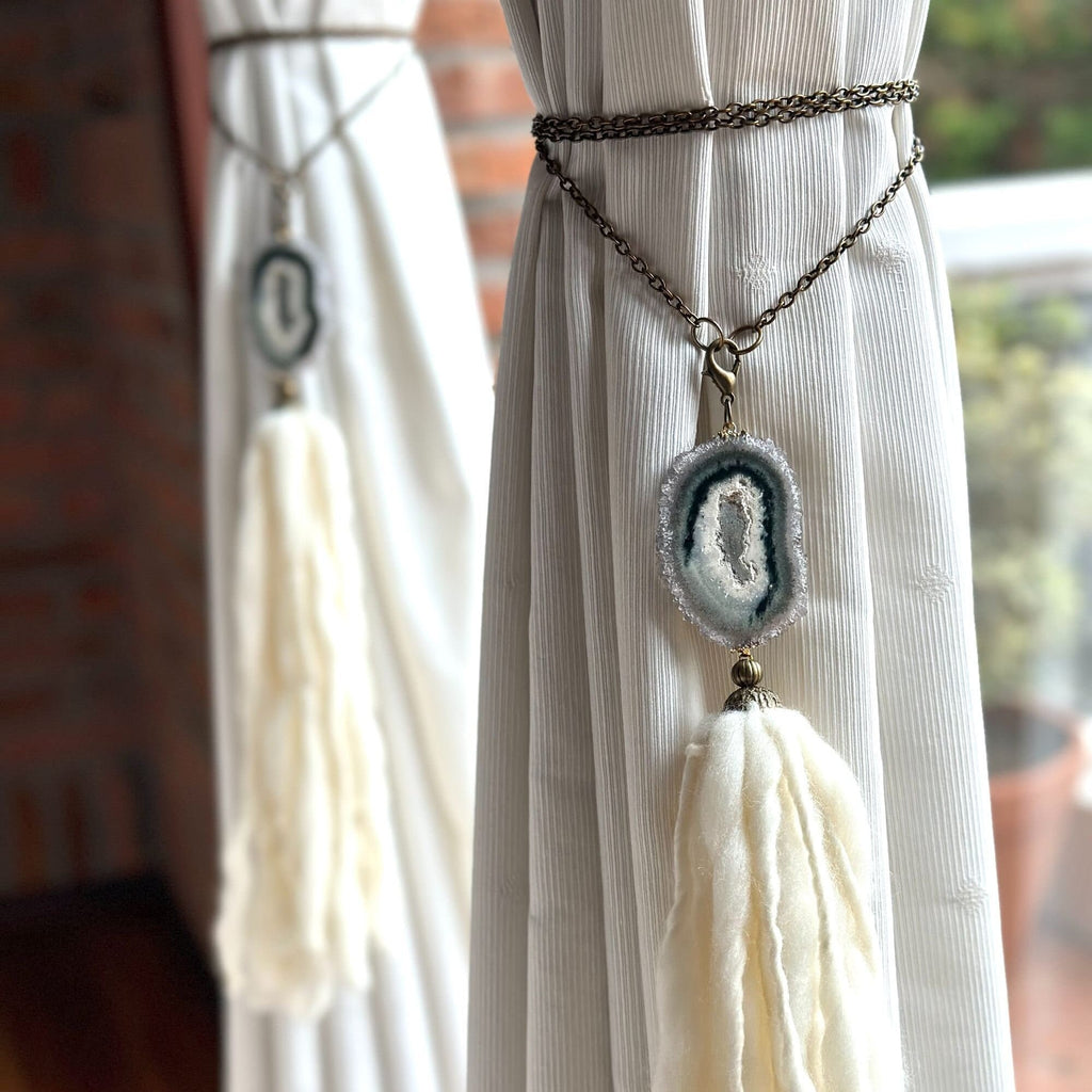 Curtains Tie Back with Amethyst Crystal and Merino Wool Tassels, Stalactite Stone Home Decor, window curtains holder with metal chains | Curtains Holder | Wiccan Center