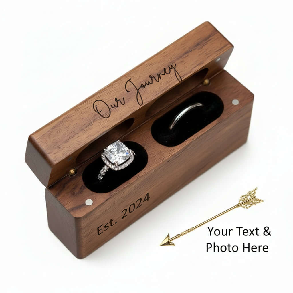 Custom Engraved Ring Box – Walnut Wood Wedding Name Jewelry Box