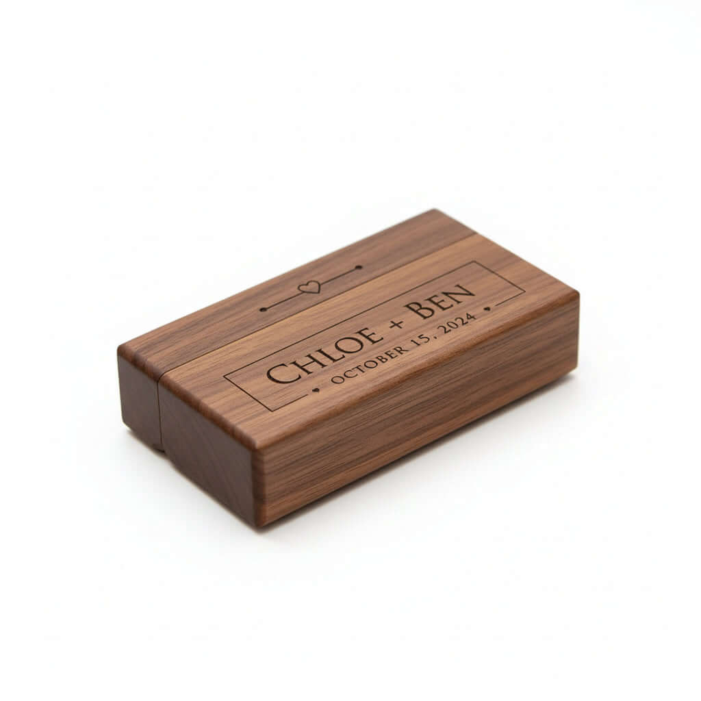 Custom Engraved Ring Box – Walnut Wood Wedding Name Jewelry Box