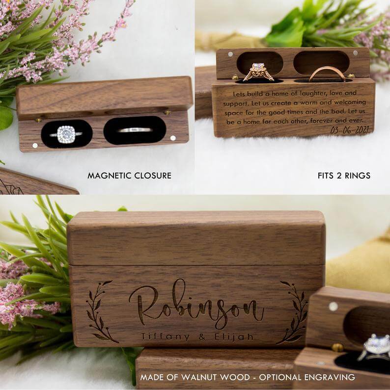 Custom Engraved Ring Box – Walnut Wood Wedding Name Jewelry Box