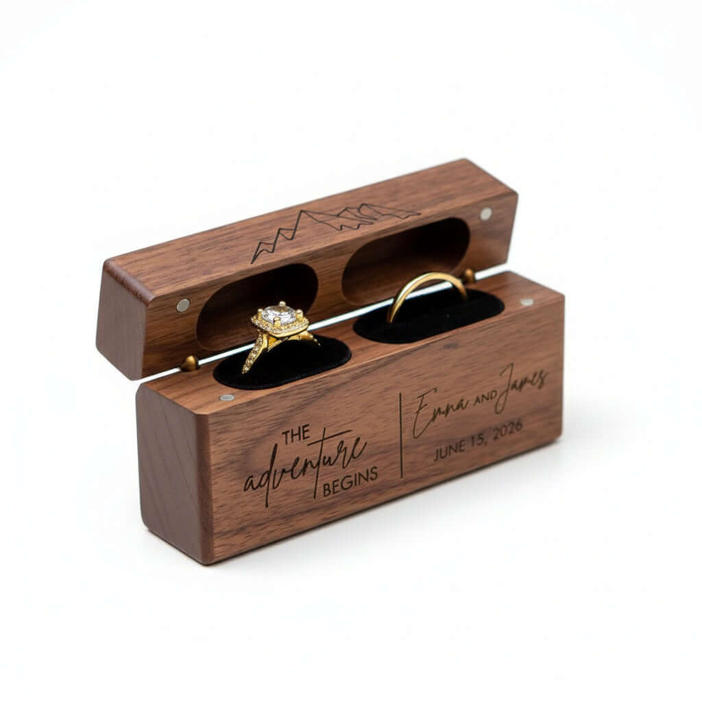 Custom Engraved Ring Box – Walnut Wood Wedding Name Jewelry Box