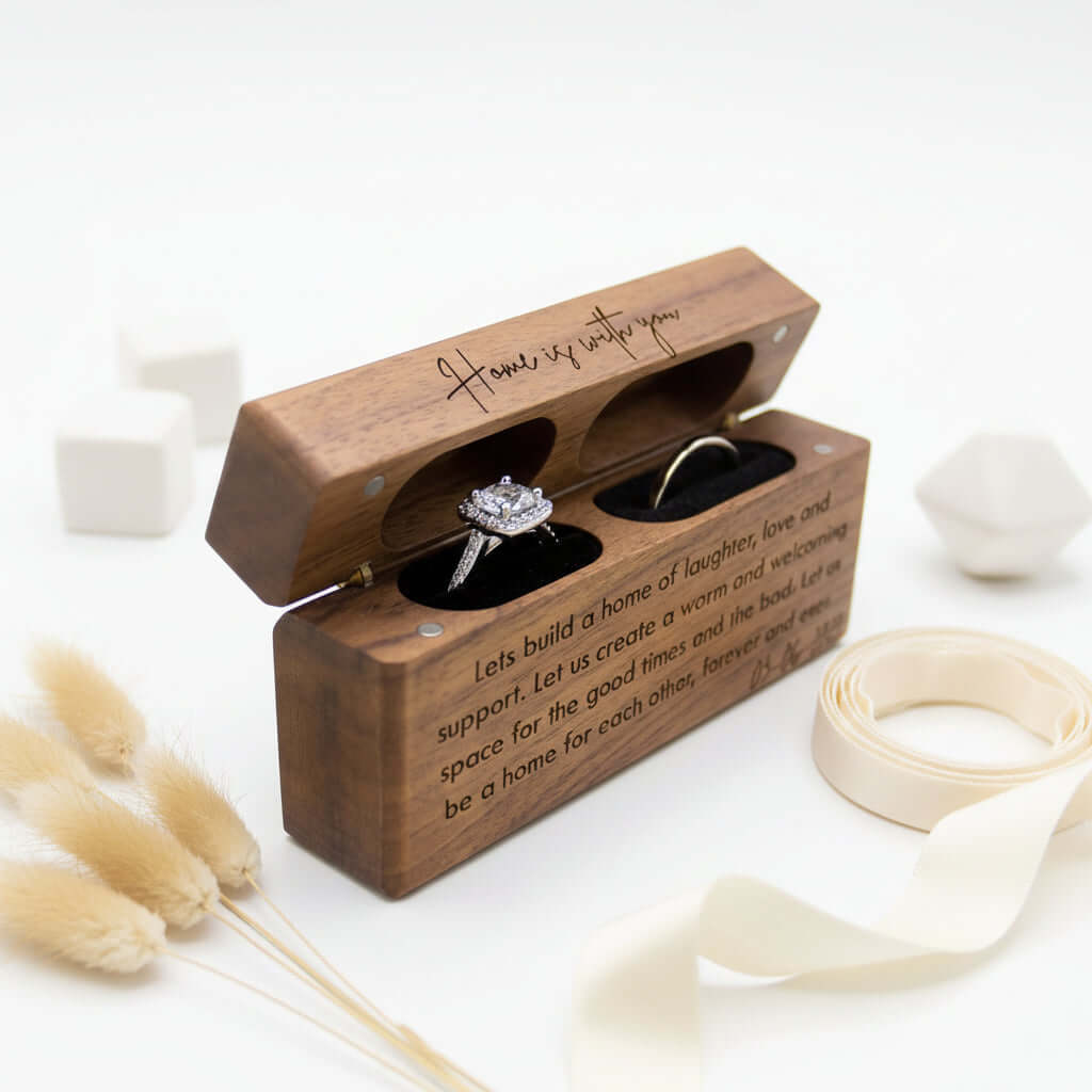 Custom Engraved Ring Box – Walnut Wood Wedding Name Jewelry Box