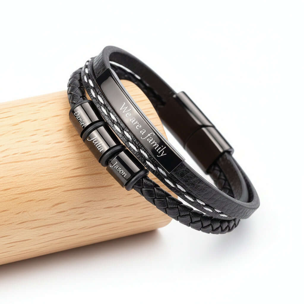 Custom Name Punk Leather Bracelet – Engraved Stainless Steel Wristband