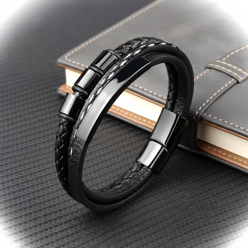 Custom Name Punk Leather Bracelet – Engraved Stainless Steel Wristband