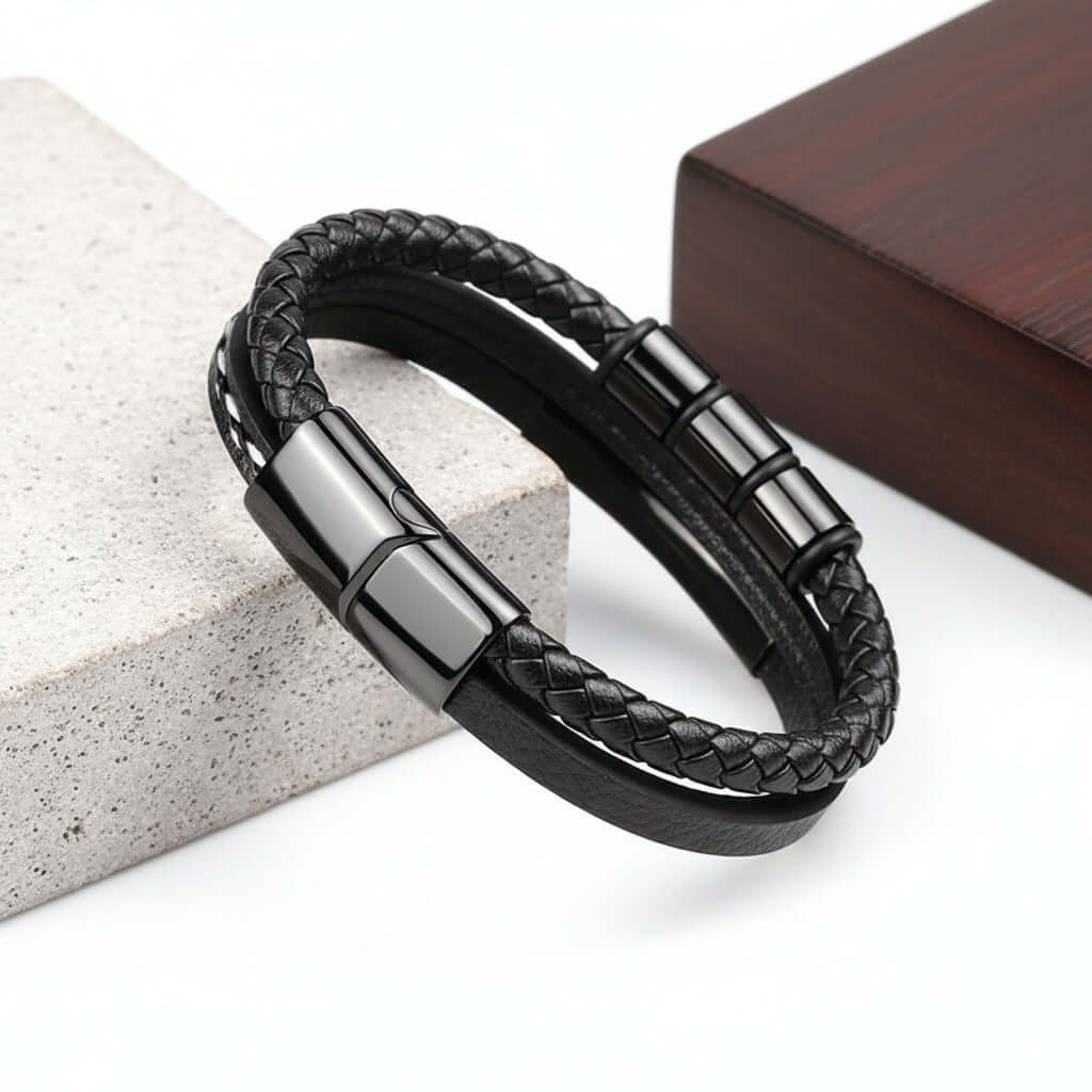 Custom Name Punk Leather Bracelet – Engraved Stainless Steel Wristband