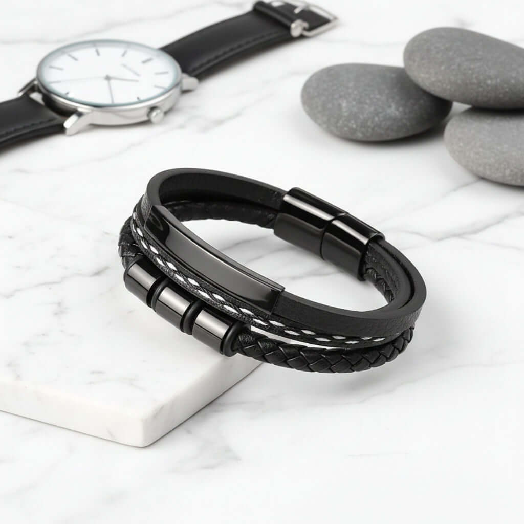 Custom Name Punk Leather Bracelet – Engraved Stainless Steel Wristband