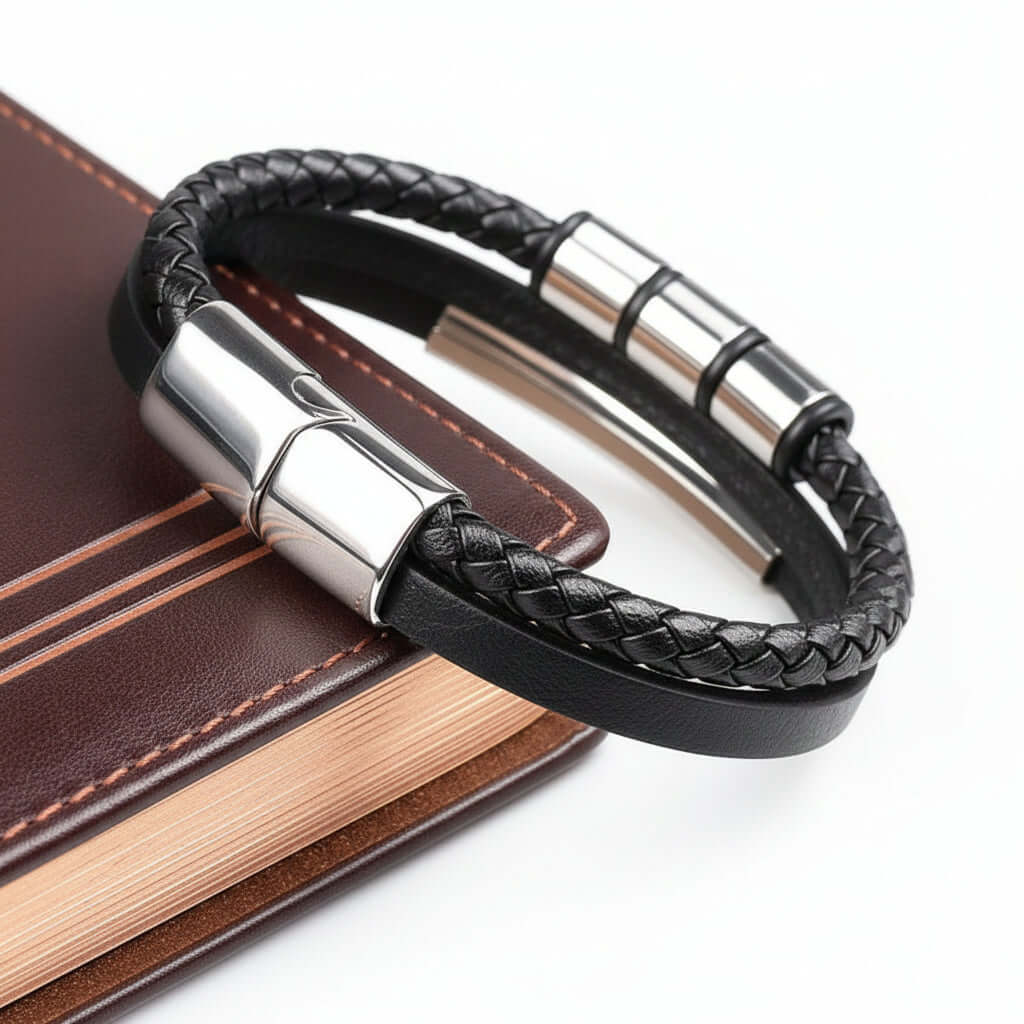 Custom Name Punk Leather Bracelet – Engraved Stainless Steel Wristband
