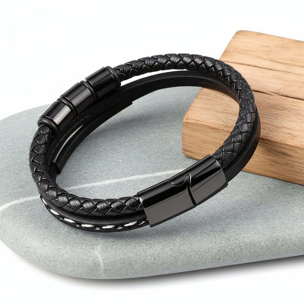 Custom Name Punk Leather Bracelet – Engraved Stainless Steel Wristband