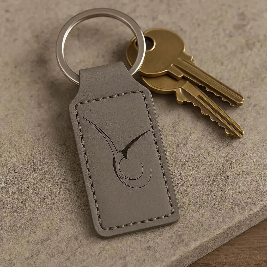 Custom gray leather rectangle keychain customize laser engraving