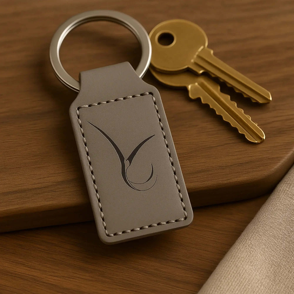 Custom gray leather rectangle keychain customize laser engraving