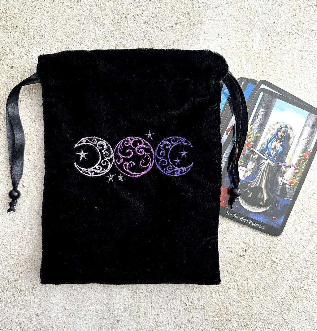 Triple Moon Black Velvet Embroidered Tarot Card Bag With Satin Lining