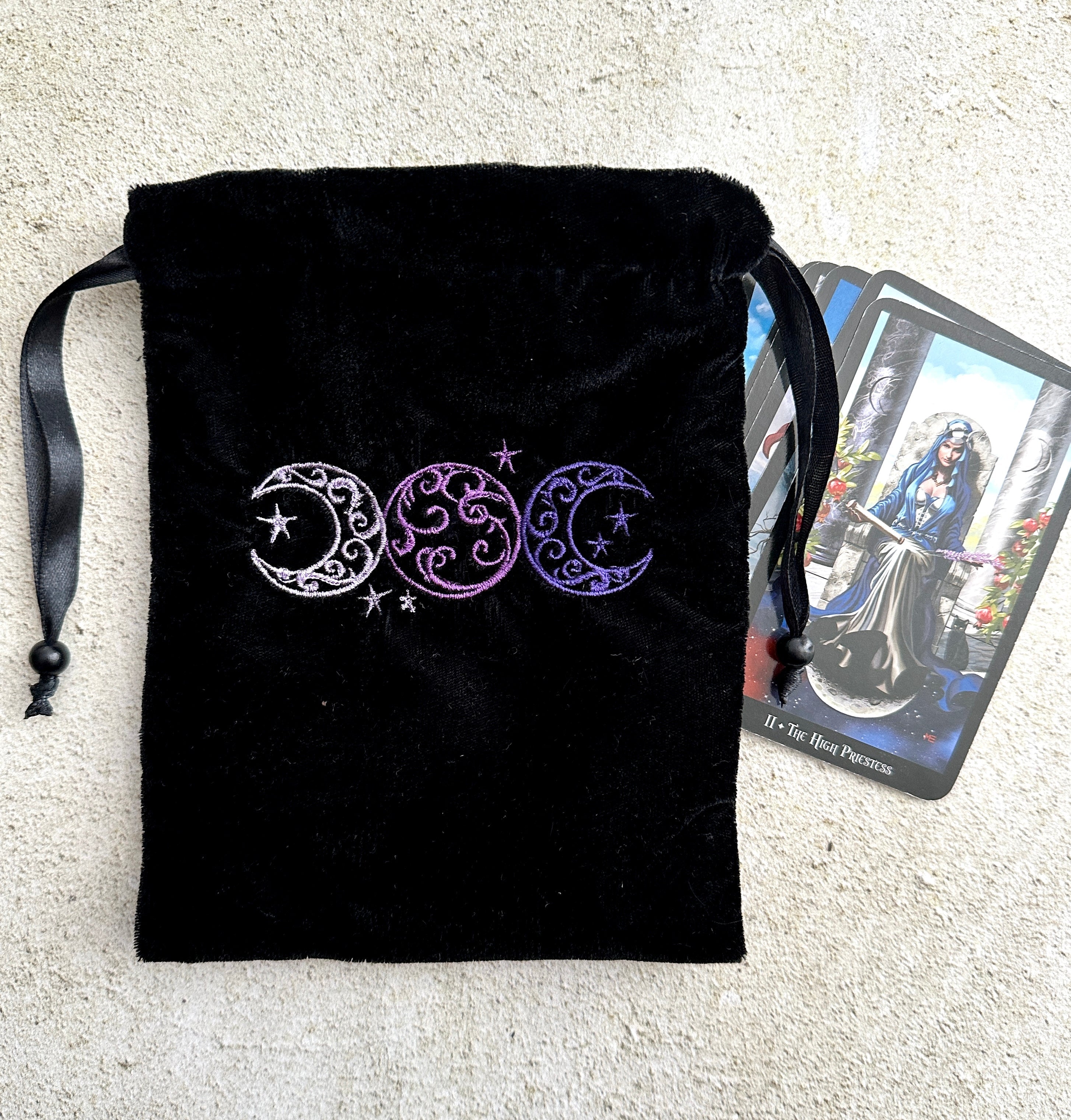 Triple Moon Black Velvet Embroidered Tarot Card Bag With Satin Lining