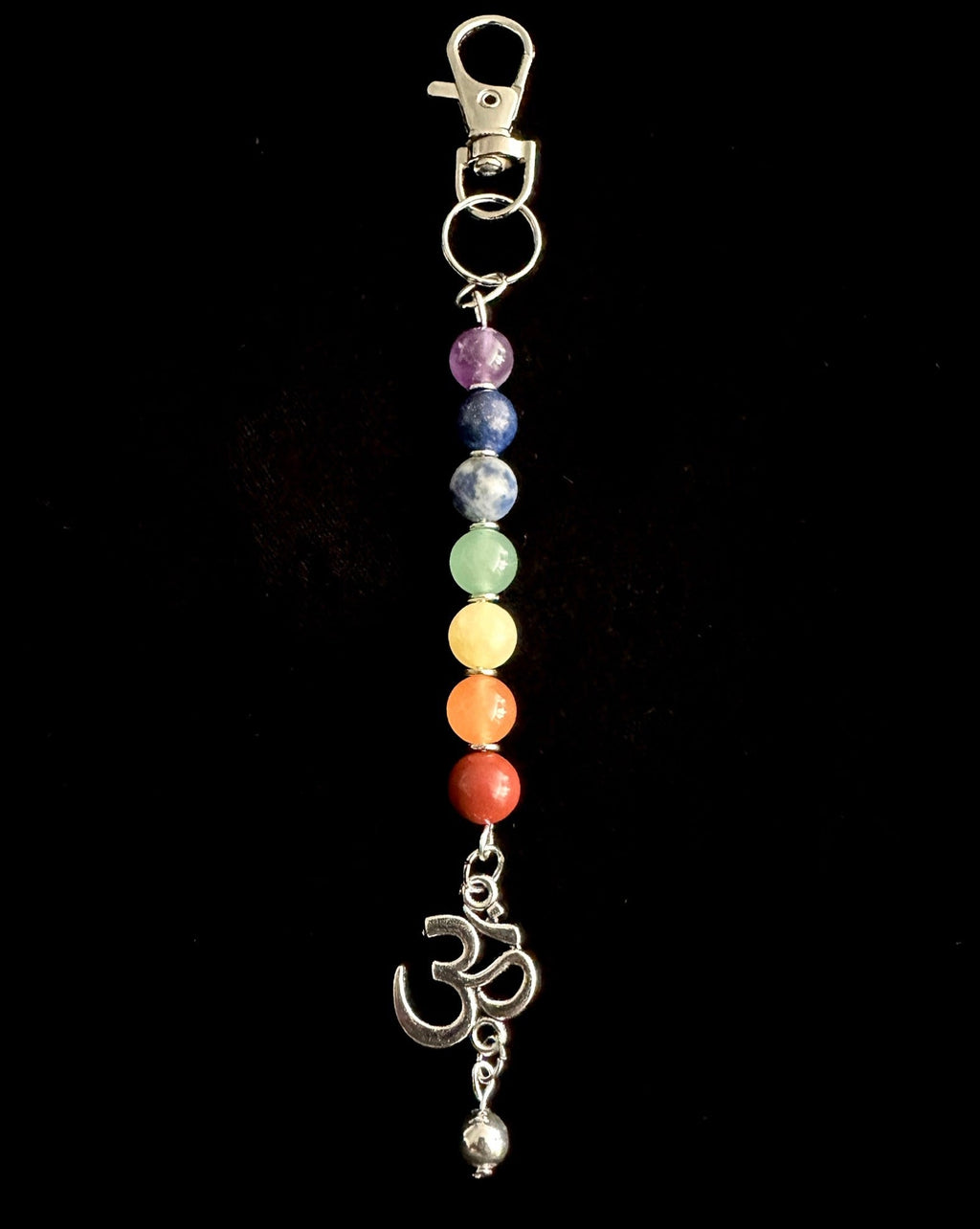 7 Chakra Crystal Gemstone Bag Charm Keychain - Choose Silver Lotus, Moon, Om Charm