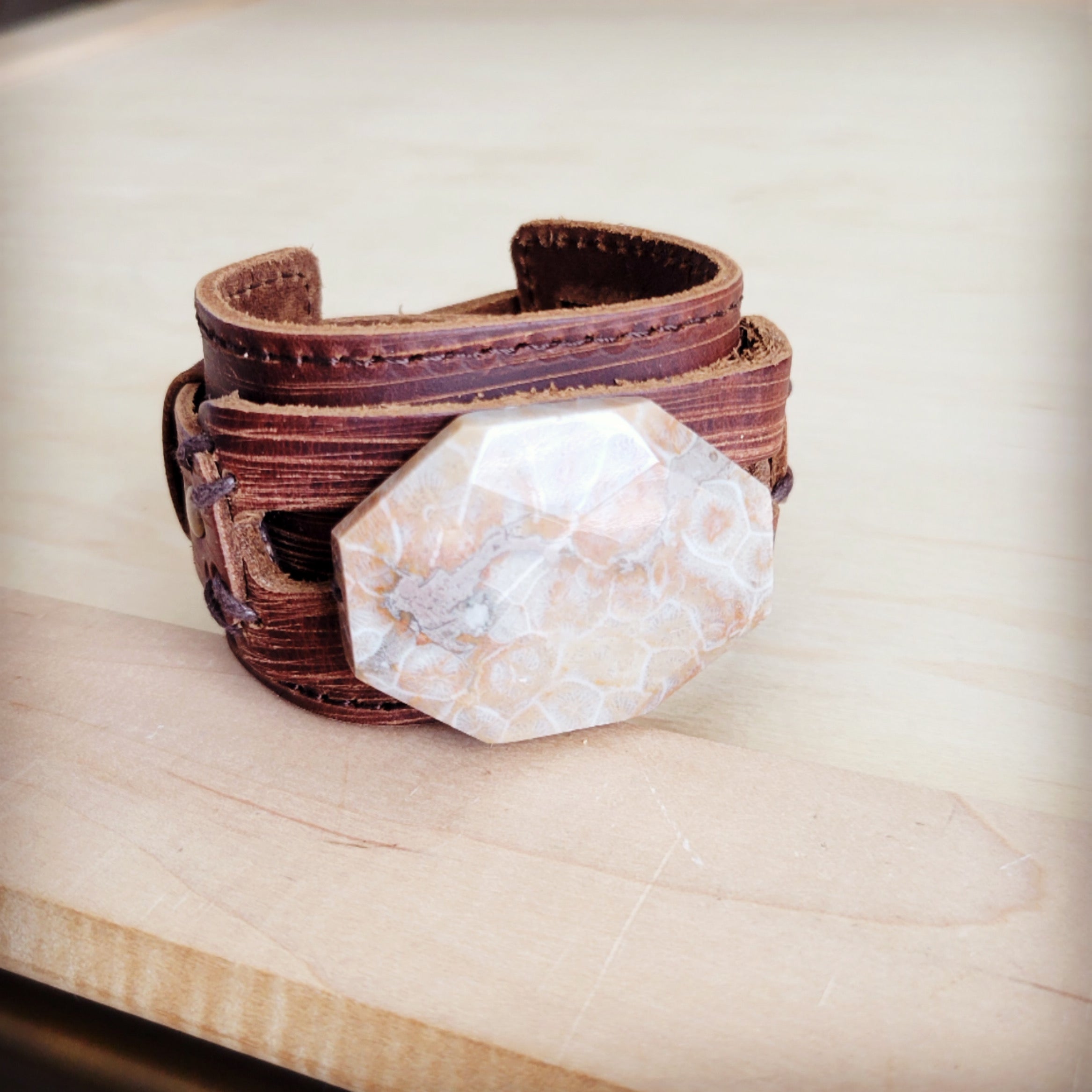Fossil Corral Stone Wide Leather Cuff Bracelet 001aa