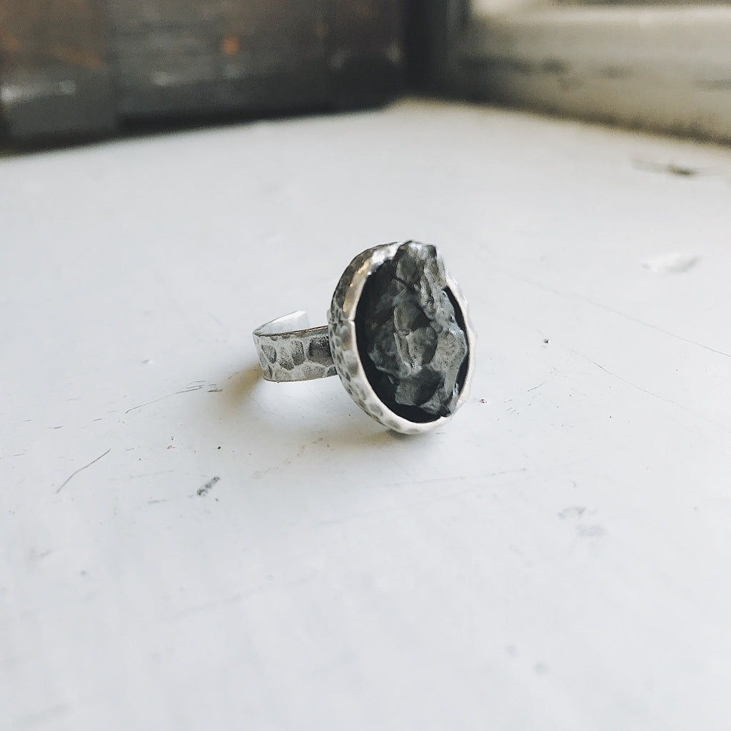 Oval Raw Meteorite Ring in Silver | Ring | Wiccan Center