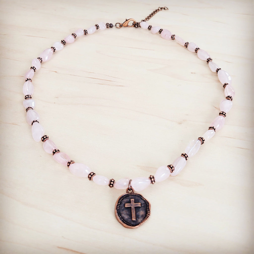 **Rose Quartz Collar Necklace w/ Copper Cross Round Charm 263j | Necklace | Wiccan Center
