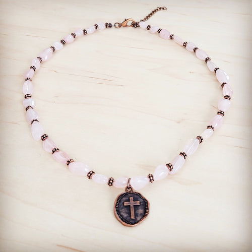 **Rose Quartz Collar Necklace w/ Copper Cross Round Charm 263j | Necklace | Wiccan Center