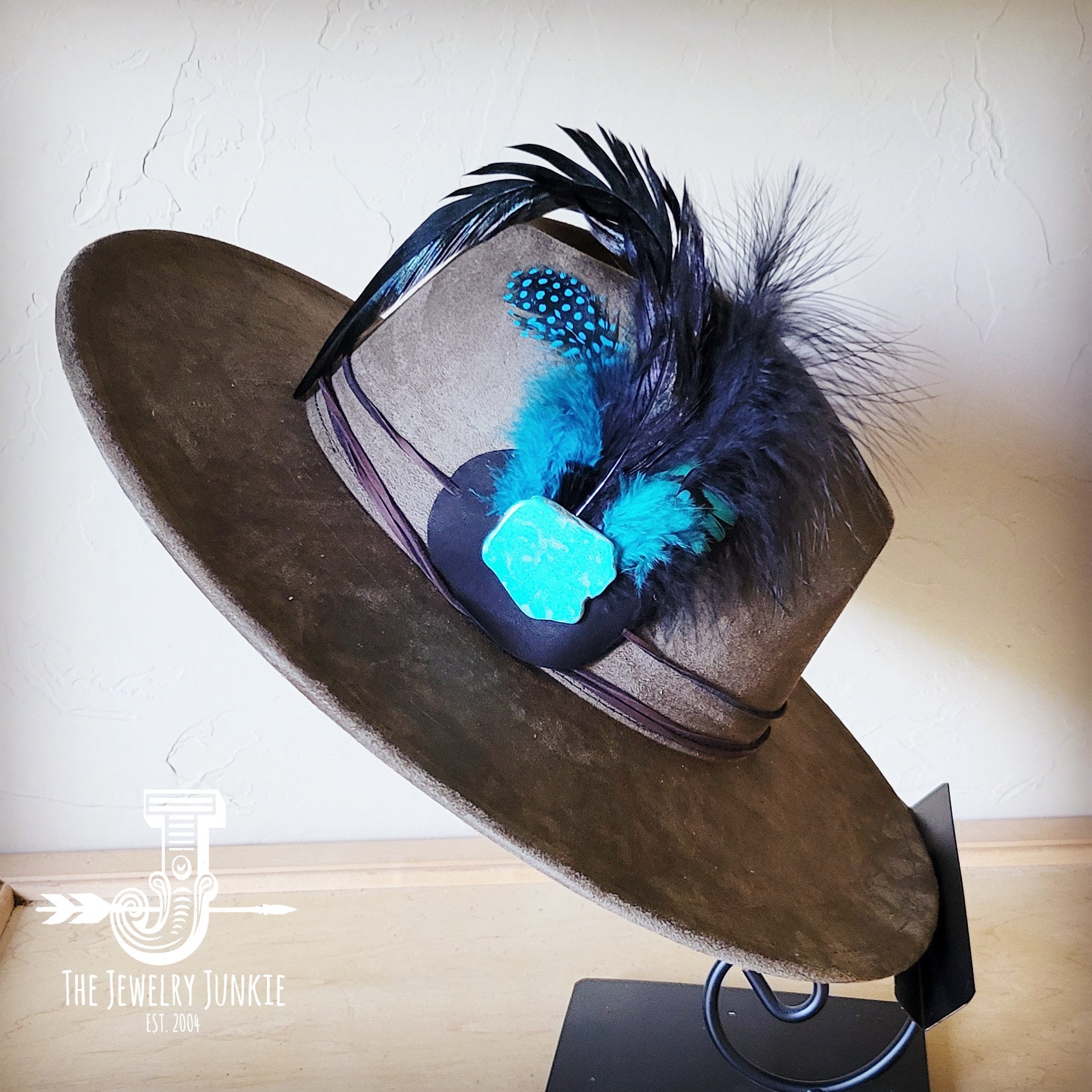 Marabou Blue Spotted Feather & Turquoise Slab Hat Band + Choice of Hat 986a | Hat | Wiccan Center