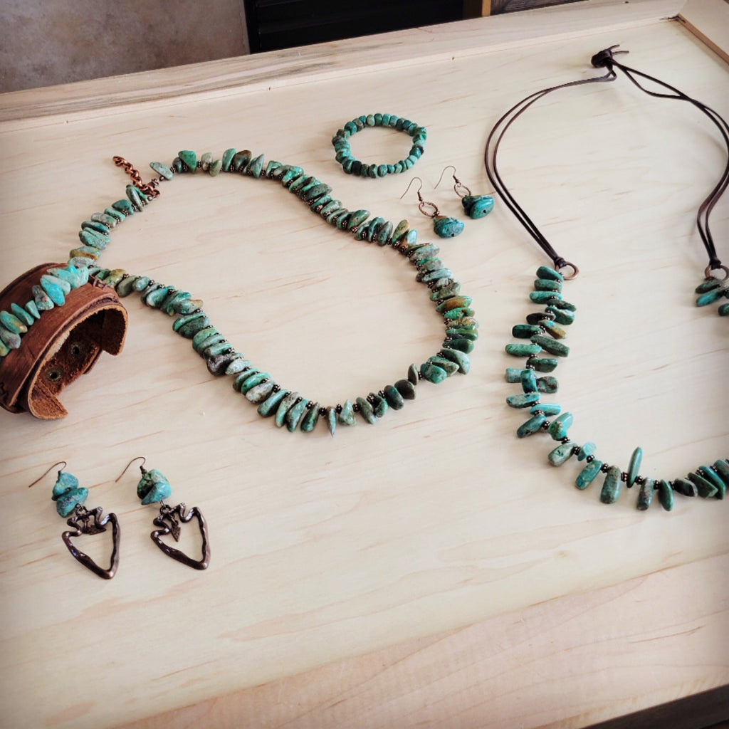 Natural Turquoise Stacked Stone Necklace with Leather Ties 263e | Necklace | Wiccan Center