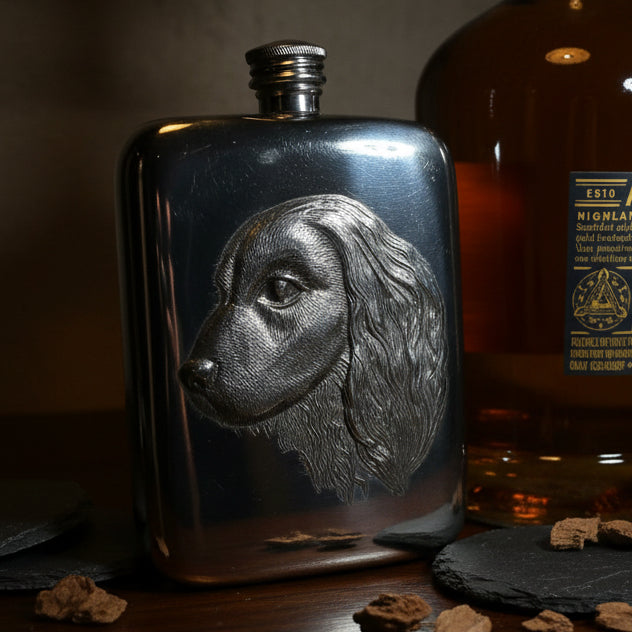 Faithful Friend Spaniel Pewter Hip Flask - Handmade in England | Gifts | Wiccan Center