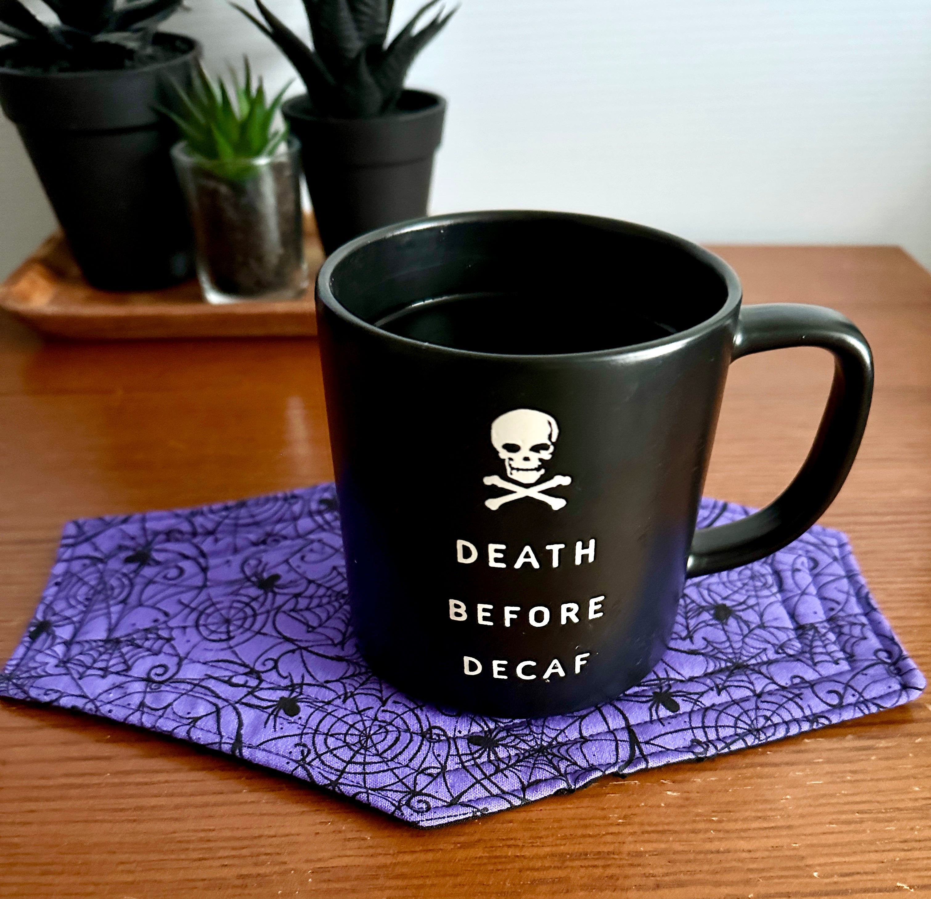 Spiderweb Coffin Mug Rug - Halloween Coffee Coaster