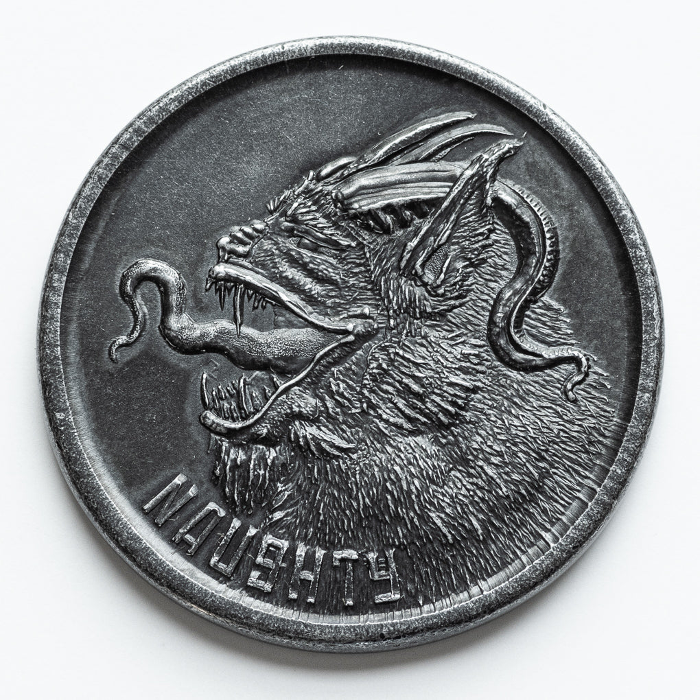 Naughty or Nice Decision Maker - Krampus Black Iron Coin | Artwork | Wiccan Center