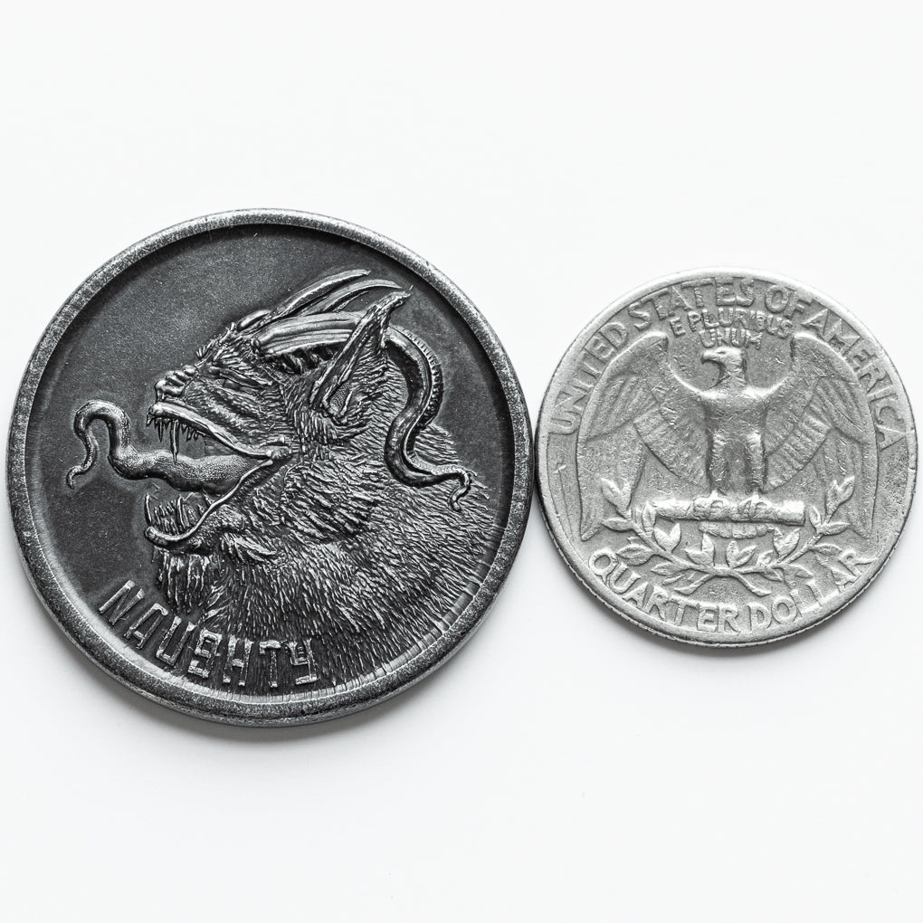 Naughty or Nice Decision Maker - Krampus Black Iron Coin | Artwork | Wiccan Center