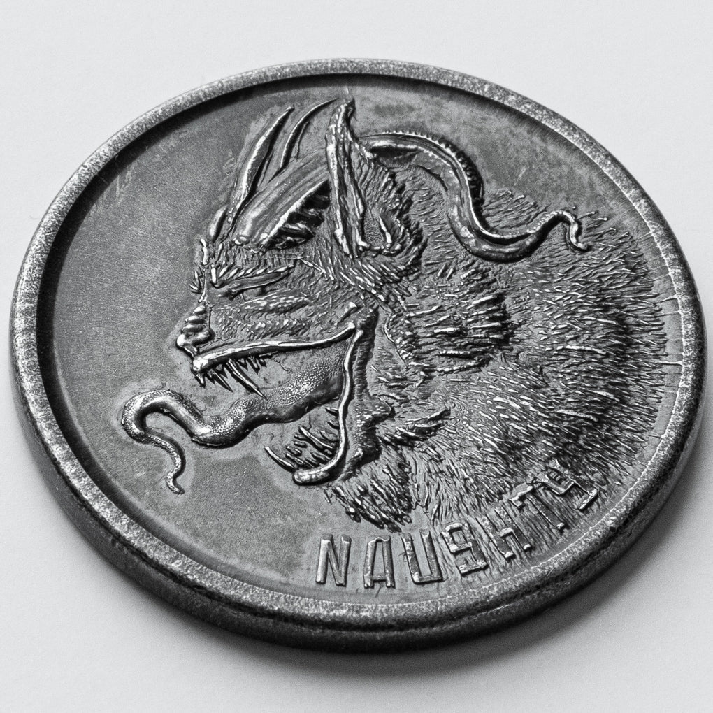 Naughty or Nice Decision Maker - Krampus Black Iron Coin | Artwork | Wiccan Center