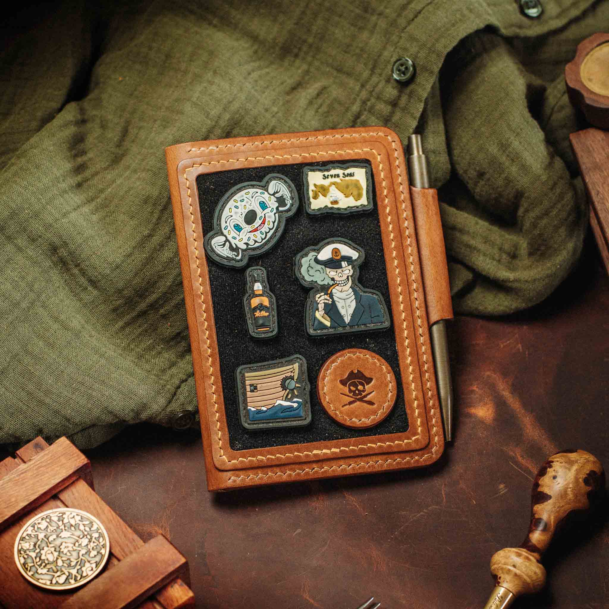 Pirate Goods Quartermaster v2 Passport Wallet – Leather Travel EDC Organizer with Velcro Panel & Field Notes Holder | Bifold Velcro Wallet | Wiccan Center