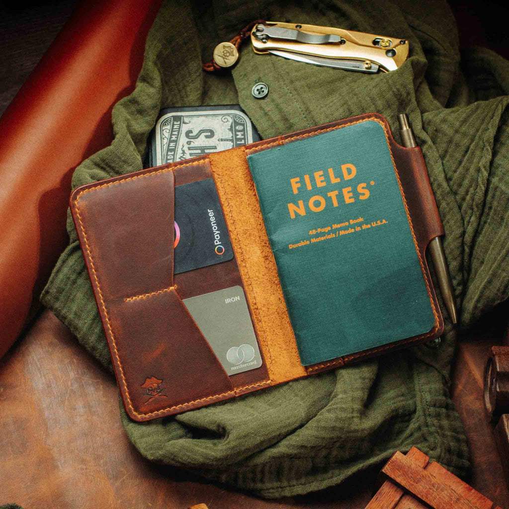 Pirate Goods Quartermaster v2 Passport Wallet – Leather Travel EDC Organizer with Velcro Panel & Field Notes Holder | Bifold Velcro Wallet | Wiccan Center