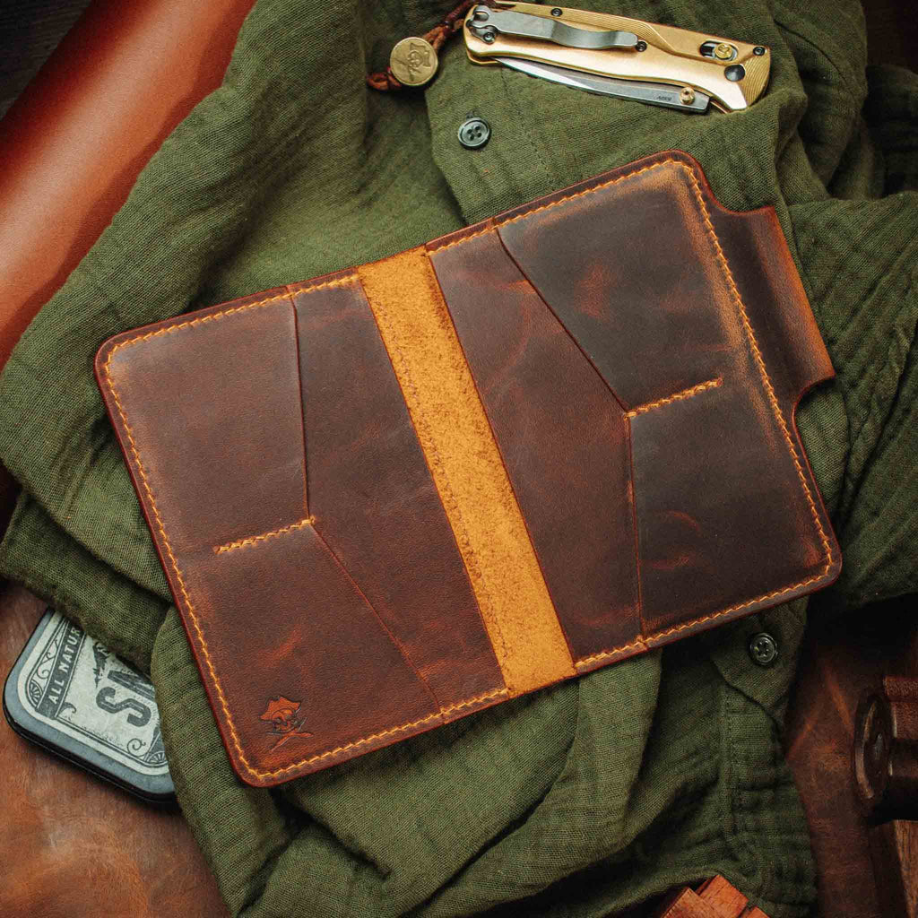 Pirate Goods Quartermaster v2 Passport Wallet – Leather Travel EDC Organizer with Velcro Panel & Field Notes Holder | Bifold Velcro Wallet | Wiccan Center