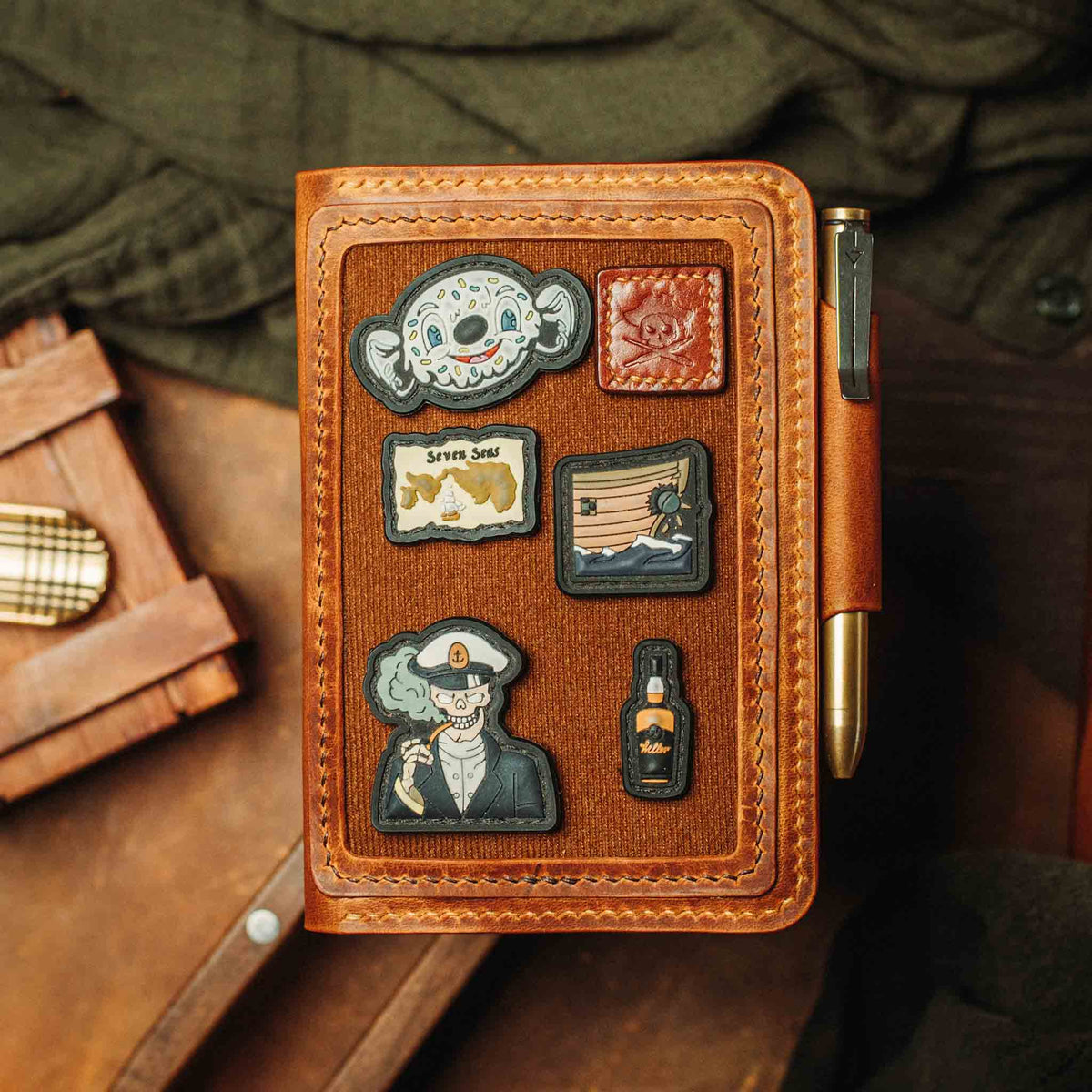 Pirate Goods Quartermaster v2 Passport Wallet – Leather Travel EDC Organizer with Velcro Panel & Field Notes Holder | Bifold Velcro Wallet | Wiccan Center