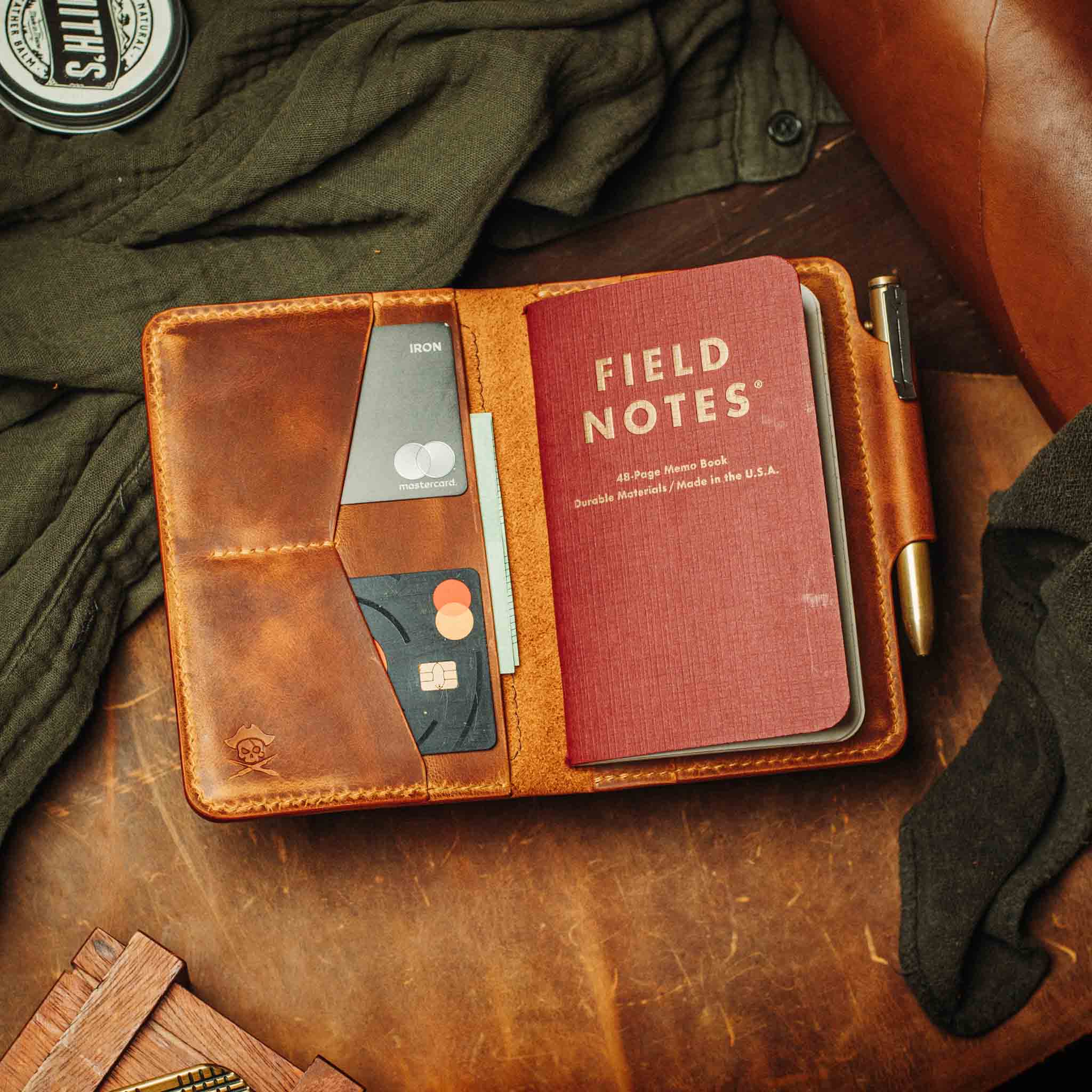 Pirate Goods Quartermaster v2 Passport Wallet – Leather Travel EDC Organizer with Velcro Panel & Field Notes Holder | Bifold Velcro Wallet | Wiccan Center