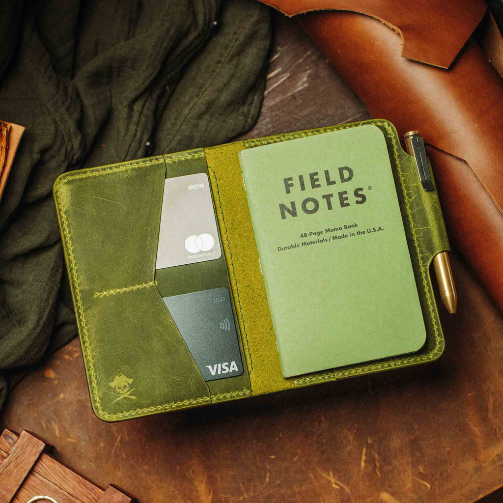 Pirate Goods Quartermaster v2 Passport Wallet – Leather Travel EDC Organizer with Velcro Panel & Field Notes Holder | Bifold Velcro Wallet | Wiccan Center