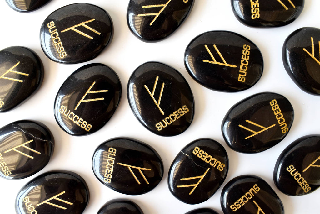 Natural Black Agate Flat Stones, Oval Engraved Success Crystals (Success and Goals) | | Wiccan Center