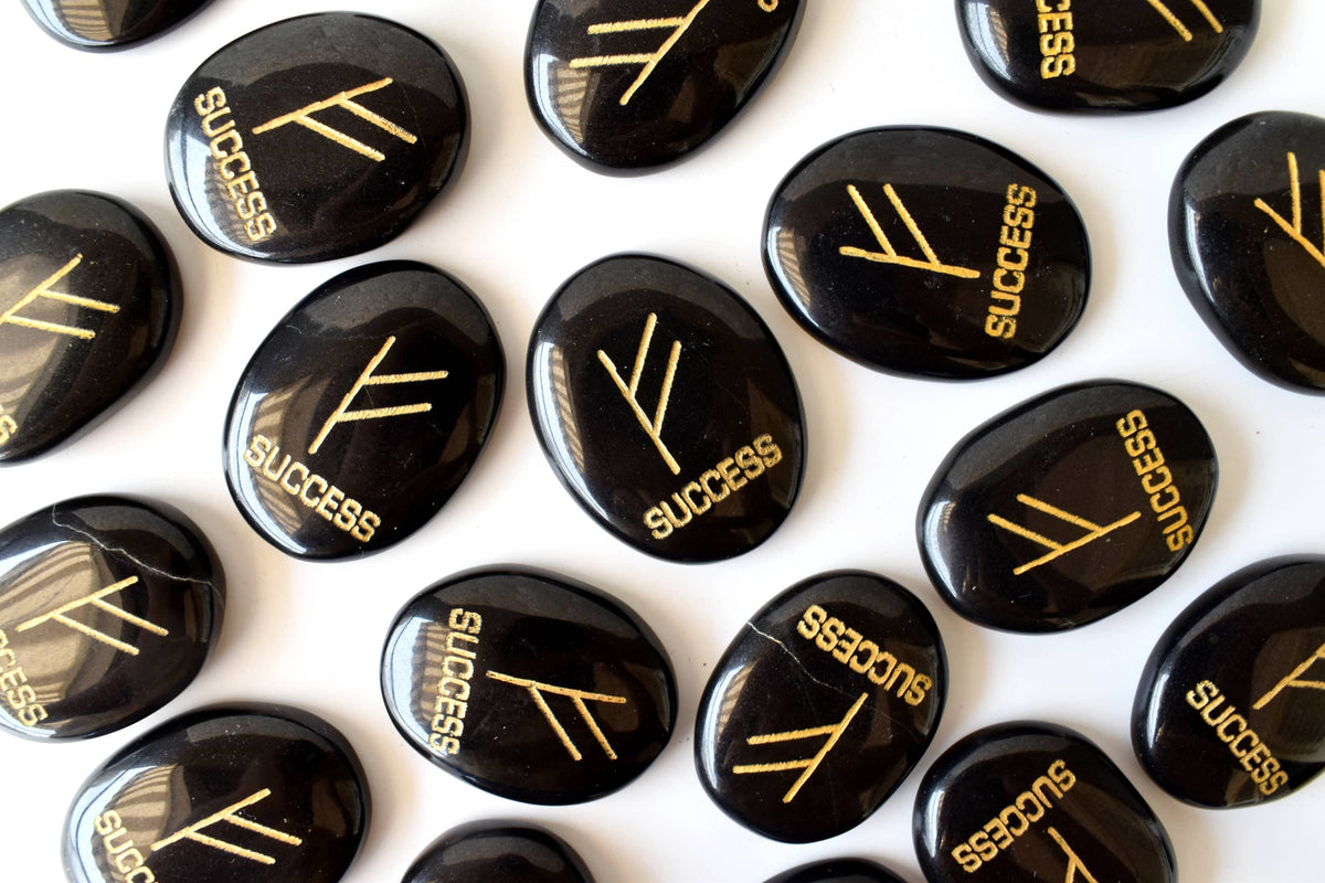 Natural Black Agate Flat Stones, Oval Engraved Success Crystals (Success and Goals) | | Wiccan Center
