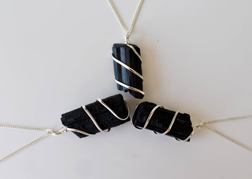 Black Tourmaline Raw Gemstone Pendant, Wire Wrapped Crystal Stone Pendant | | Wiccan Center