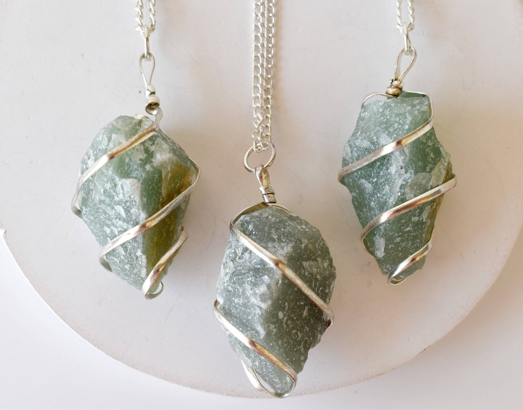 Green Aventurine Raw Gemstone Pendant, Wire Wrapped Crystal Stone Pendant | | Wiccan Center