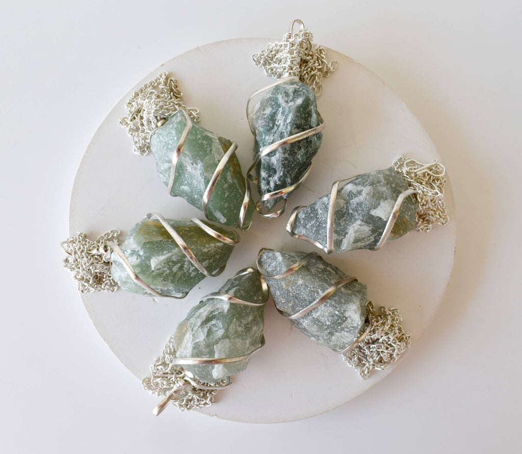 Green Aventurine Raw Gemstone Pendant, Wire Wrapped Crystal Stone Pendant | | Wiccan Center