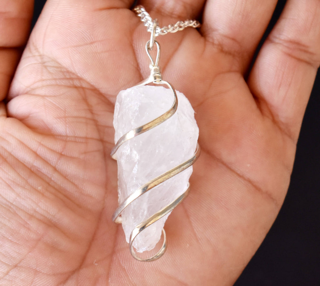 Crystal Quartz Raw Gemstone Pendant, Wire Wrapped Crystal Stone Pendant | | Wiccan Center