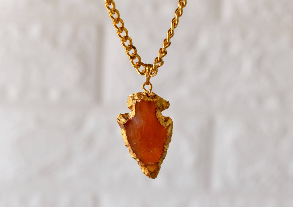 Carnelian Arrowhead Pendant, Electroplated Gold Crystals Pendants with Chain | | Wiccan Center