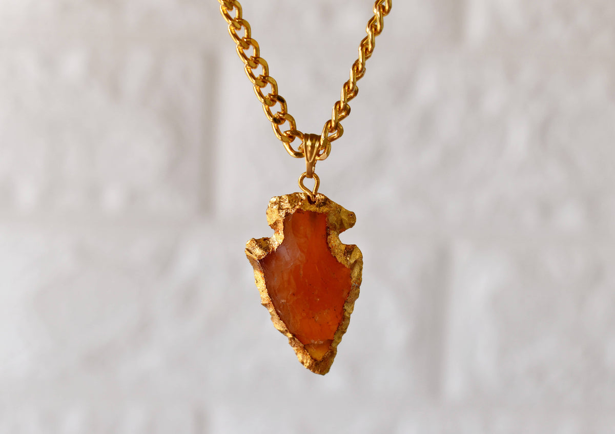 Carnelian Arrowhead Pendant, Electroplated Gold Crystals Pendants with Chain | | Wiccan Center