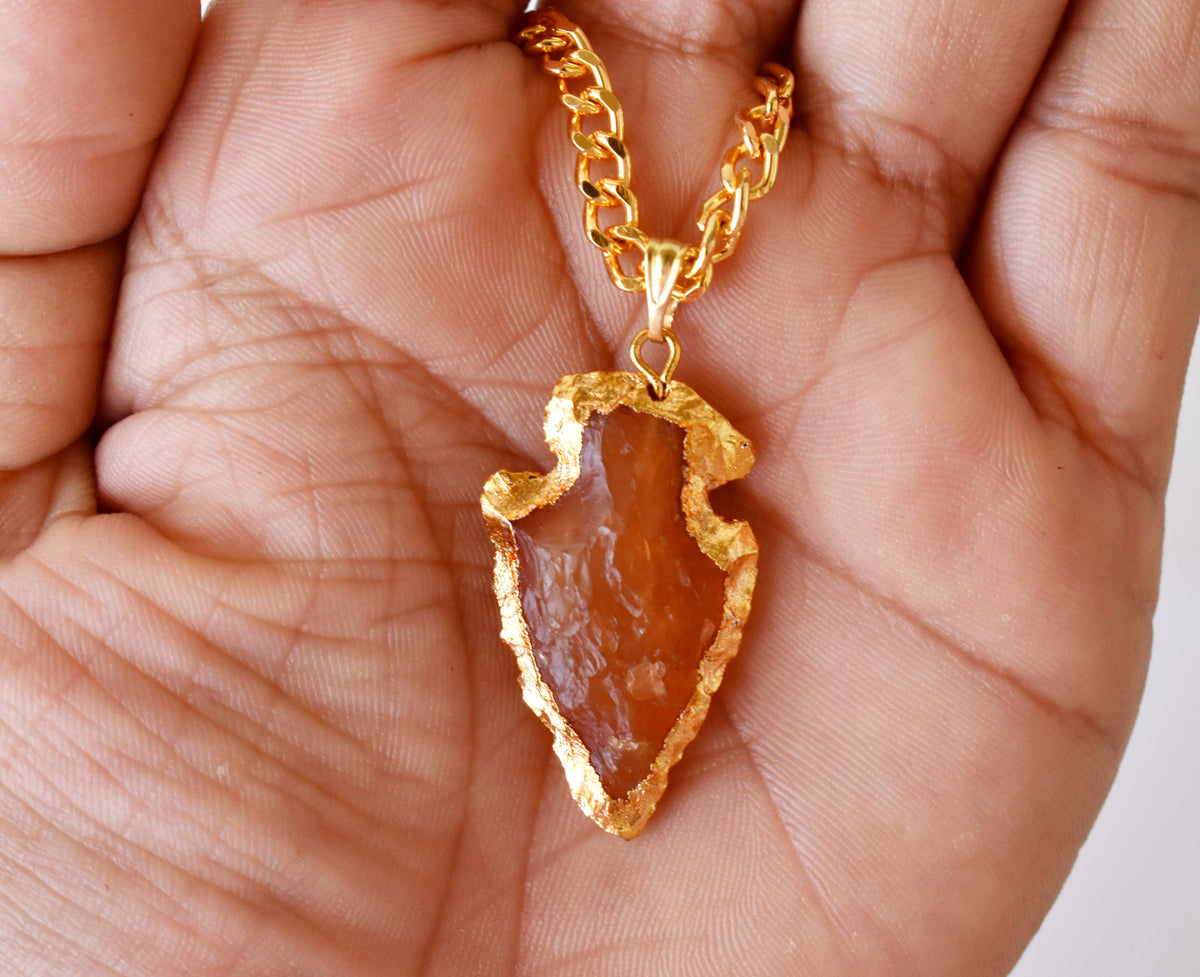 Carnelian Arrowhead Pendant, Electroplated Gold Crystals Pendants with Chain | | Wiccan Center