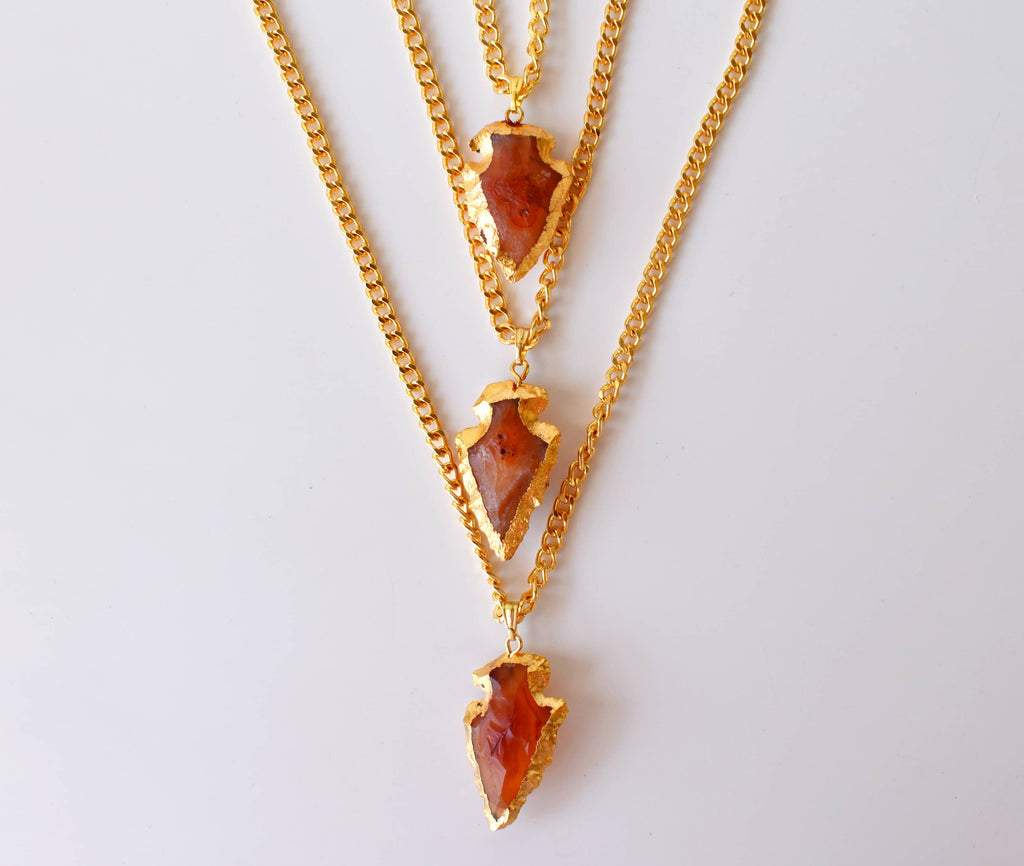 Carnelian Arrowhead Pendant, Electroplated Gold Crystals Pendants with Chain | | Wiccan Center