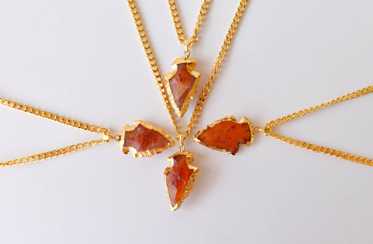 Carnelian Arrowhead Pendant, Electroplated Gold Crystals Pendants with Chain | | Wiccan Center