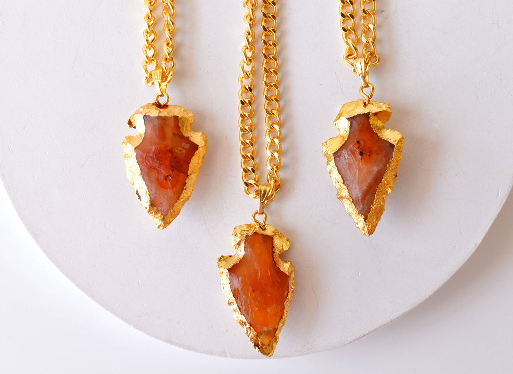Carnelian Arrowhead Pendant, Electroplated Gold Crystals Pendants with Chain | | Wiccan Center